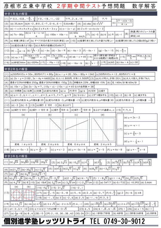彦根市立東中学校 2023年2学期中間テスト対策プリント - 個別進学塾